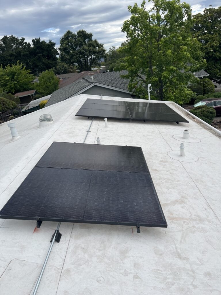 Two solar panels are installed on a flat, white rooftop with several vent pipes. Trees and neighboring houses are visible in the background under a cloudy sky.